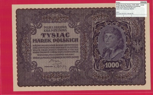 Zdjęcie oferty: 1000 marek pol. 1919 / stan 1 (UNC) / z aukcji WCN