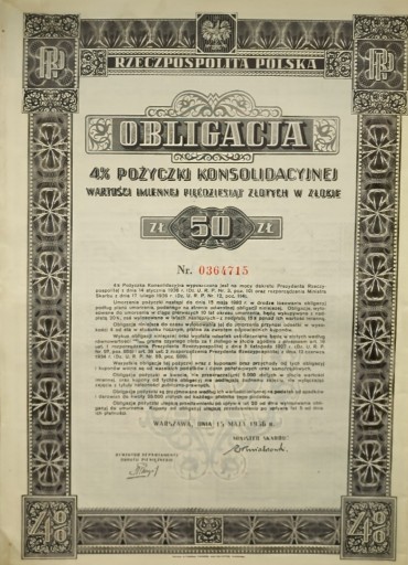 Zdjęcie oferty: Obligacja na 50 zł w złocie pożyczki 1936r.