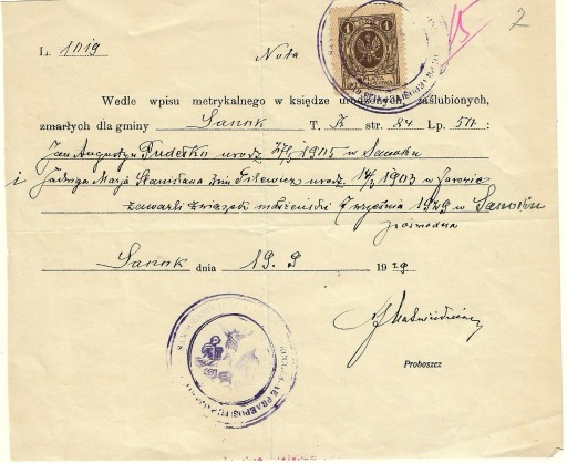 Zdjęcie oferty: Nota parafii z 19.09.1929 -dot.zawarcia małżeństwa