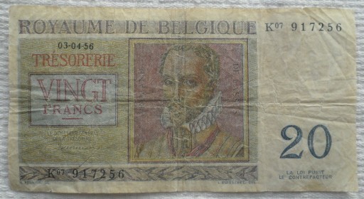 Zdjęcie oferty: Belgia 20 franków 3/4/1956 R de Lassus +P de Monte