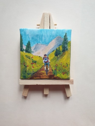 Zdjęcie oferty: Mini obraz ręcznie malowany Rower góry + sztaluga