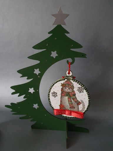 Zdjęcie oferty: Stroik świąteczny choinka bombka kot decoupage