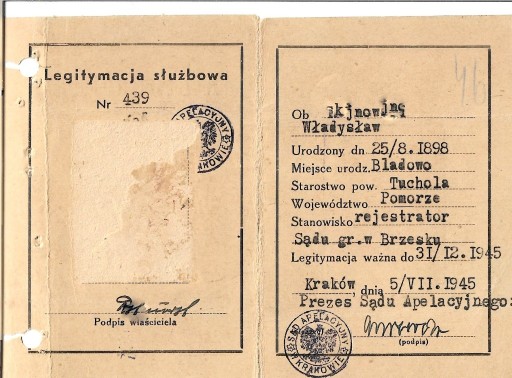 Zdjęcie oferty: Legitymacja służbowa z 5.07.1945r - SA w Krakowie