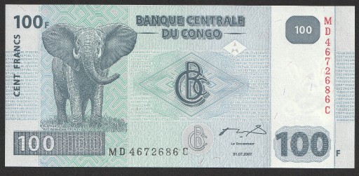 Zdjęcie oferty: Kongo 100 franków 2007 - lew - stan bankowy UNC