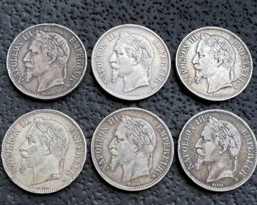 Zdjęcie oferty: 6x 5 franków Napoleon Francja ładne srebrne monety