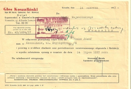 Zdjęcie oferty: Pisma Redakcji Głos Koszaliński do SW- 1957 i 1953