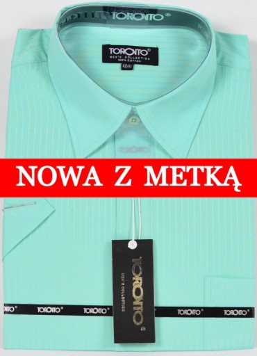 Zdjęcie oferty: Koszula męska miętowa w paski na krótki rękaw kołnierzyk 40/41