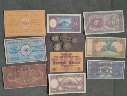 Zdjęcie oferty: KRAJE BAŁTYCKIE zestaw 5 monet i 9 banknotów