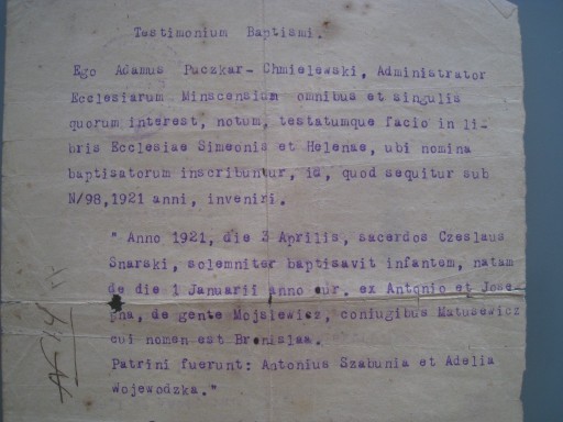 Zdjęcie oferty: ŚWIADECTWO CHRZTU 1927 MIŃSK CHMIELEWSKI JUDAICA