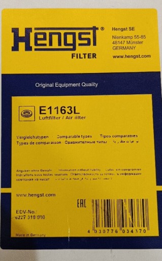 Zdjęcie oferty: Filtr powietrza Hengst E1163L oleju Hengst H317W01