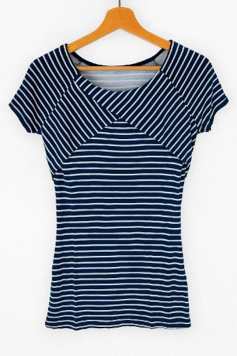 Zdjęcie oferty: Granatowo biała bluzka z krótkim rękawem paski asymetryczna przyległa 