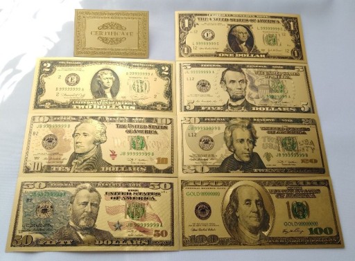 Zdjęcie oferty: Banknoty pozłacane 24k + kolor 7 szt komplet USA