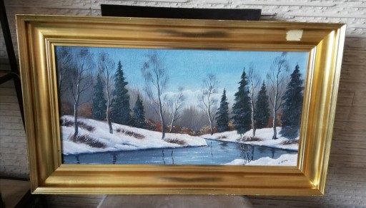 Zdjęcie oferty: Zimowy pejzaż, rzeka w lesie, ręcznie malowany na płótnie Carl Arling 