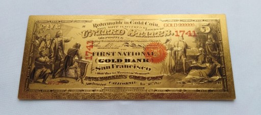 Zdjęcie oferty: Banknot pozłacany 24k  5 dolarów USA 1870 rok