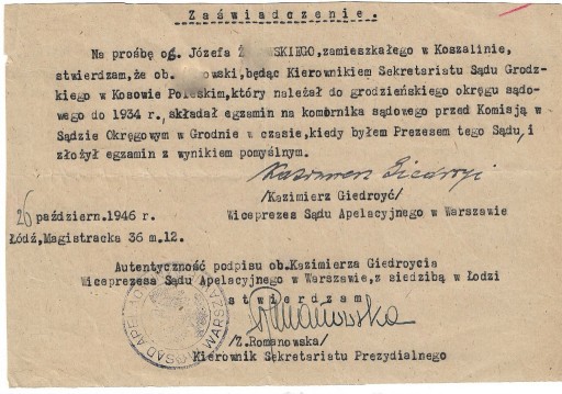 Zdjęcie oferty: Zaświadczenie autorstwa sędziego K.Giedrojcia-1946