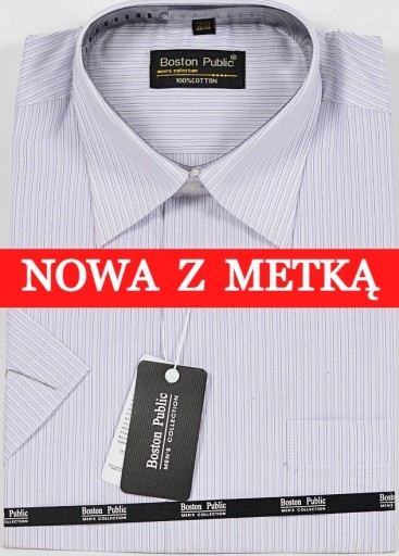 Zdjęcie oferty: Koszula męska biała w paski na krótki rękaw kołnierzyk 39/40