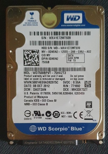 Zdjęcie oferty: dysk 2,5" WD 750GB WD7500BPVT