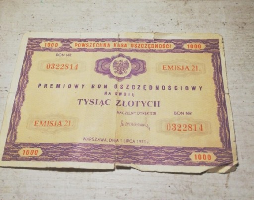 Zdjęcie oferty: Premiowy Bon Oszczędnościowy o kwotę 1000zł/r.1971