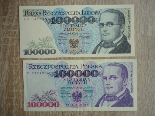 Zdjęcie oferty: Banknoty 2 szt . 100 000 zł. 1990 r . i 1993 r . 