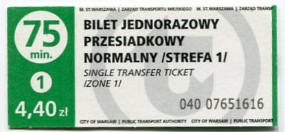 Zdjęcie oferty: ZTM Warszawa - bilet 75-min. normalny 4,40 zł