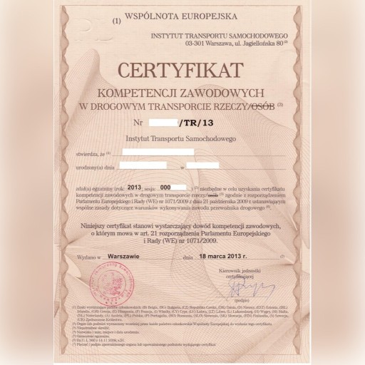 Zdjęcie oferty: Certyfikat kompetencji zawodowych (rzeczy) 