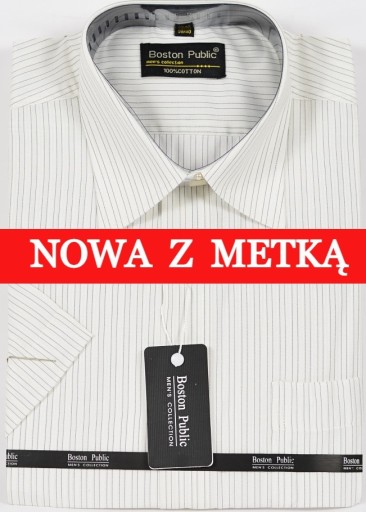 Zdjęcie oferty: Koszula męska biała w paski na krótki rękaw kołnierzyk 39/40