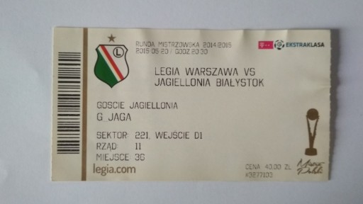 Zdjęcie oferty: Bilet Legia Warszawa - Jagiellonia Białystok 2015 
