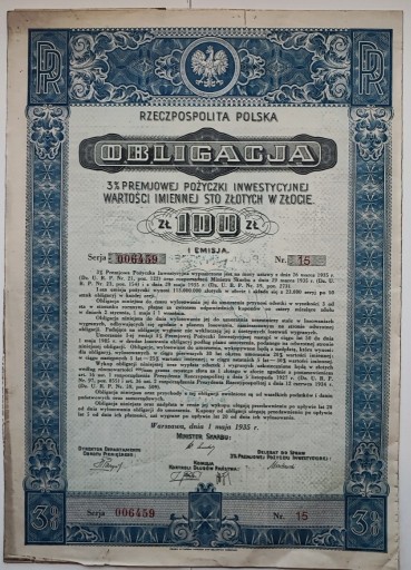 Zdjęcie oferty: Obligacja na 100 zł pożyczki inwestycyjnej 1935r. 