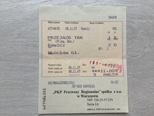 Zdjęcie oferty: Bilet kolejowy Wrocław Rawicz 2007
