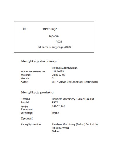 Zdjęcie oferty: Instrukcja obsługi Liebherr  R 922  PL