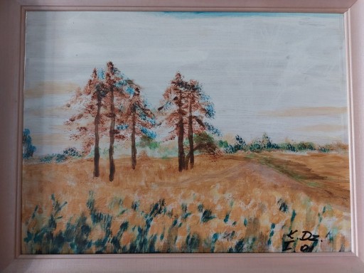 Zdjęcie oferty: Obraz olejny na płycie w drewnianej ramie, łąka