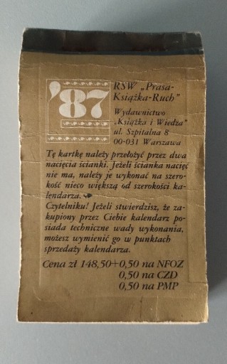 Zdjęcie oferty: Kalendarz 1987r zrywany - kartka z kalendarza 