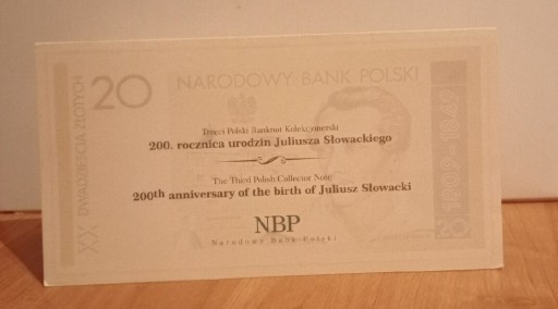 Zdjęcie oferty: Banknot kolekcjonerski 20 zł J. Słowacki