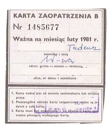 Zdjęcie oferty: Zestaw 2 kart zaopatrzenia - luty 1981