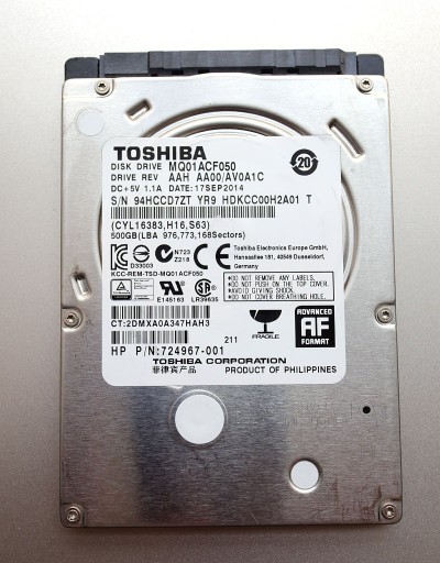 Zdjęcie oferty: TOSHIBA MQ01ACF050 7200RPM 500GB