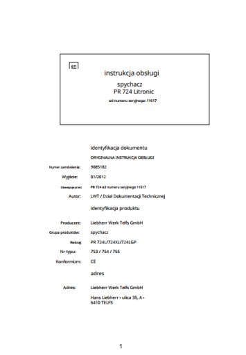Zdjęcie oferty: Instrukcja obsługi Liebherr PR 724 Litronic PL