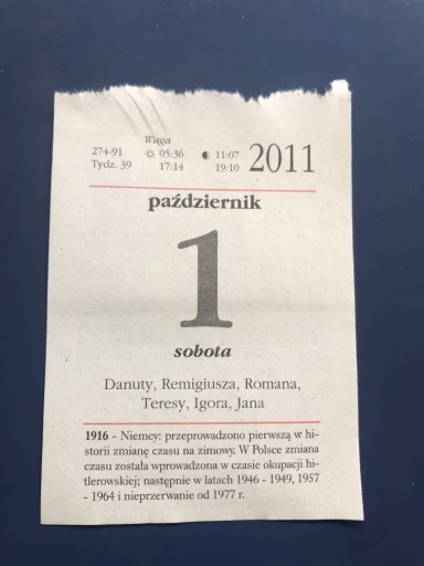 Zdjęcie oferty: Kartka z kalendarza 1  pazdziernika  2011