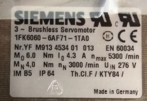 Zdjęcie oferty: Silnik servo. Siemens Typ 1FK6060-6AF71-1TA0.