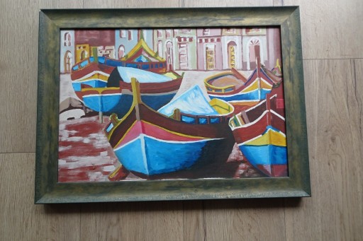 Zdjęcie oferty: Łódki, obraz ręcznie malowany na płótnie, piękna rama