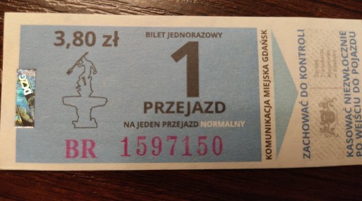 Zdjęcie oferty: Bilet ZTM Gdańsk NORMALNY NIESKASOWANY