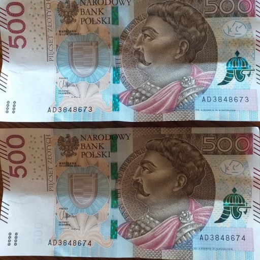 Zdjęcie oferty: 2 banknoty 500 zł sera AD kolejne numery