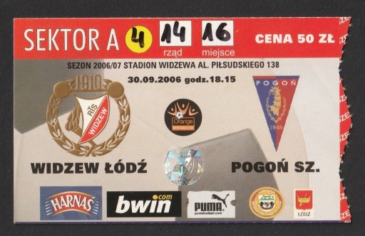 Zdjęcie oferty: bilet mecz 2006 WIDZEW ŁÓDŹ - POGOŃ SZCZECIN