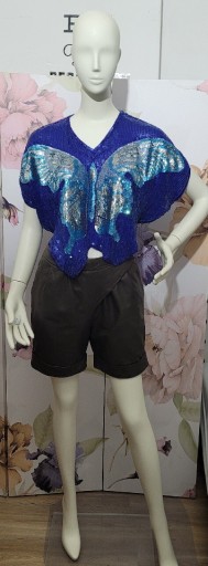 Zdjęcie oferty: Jedwabna bluzka motyl vintage cekiny l 80 kobalt