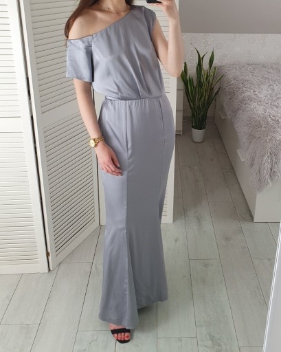 Zdjęcie oferty: Asos srebrna satynowa sukienka maxi asymetryczna M