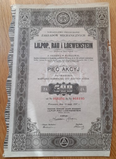 Zdjęcie oferty: AKCJE- LILPOP, RAU i LOEWENSTEIN 1937r.