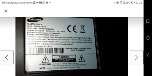 Zdjęcie oferty: SAMSUNG PS50B430P2W uszkodzona matryca na części. 