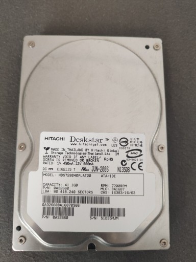 Zdjęcie oferty: Dysk Hitachi 40GB ATA 3.5'' HDS728040PLAT20