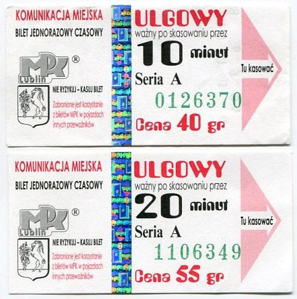 Zdjęcie oferty: Bilety MPK  Lublin - 10min-40gr, 20min-55gr Ulgowy