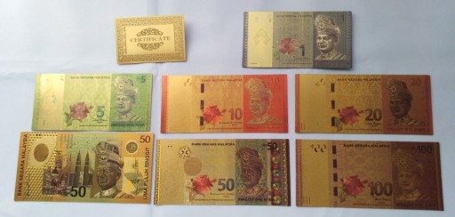 Zdjęcie oferty: Banknoty pozłacane 24k GOLD KOMPLET 7 szt MALEZJA 