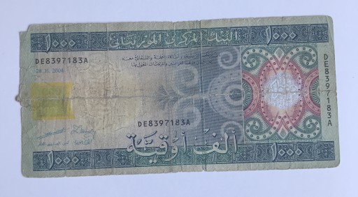 Zdjęcie oferty: Mauretania 1000 ouguiya 2004 mocno Używany banknot